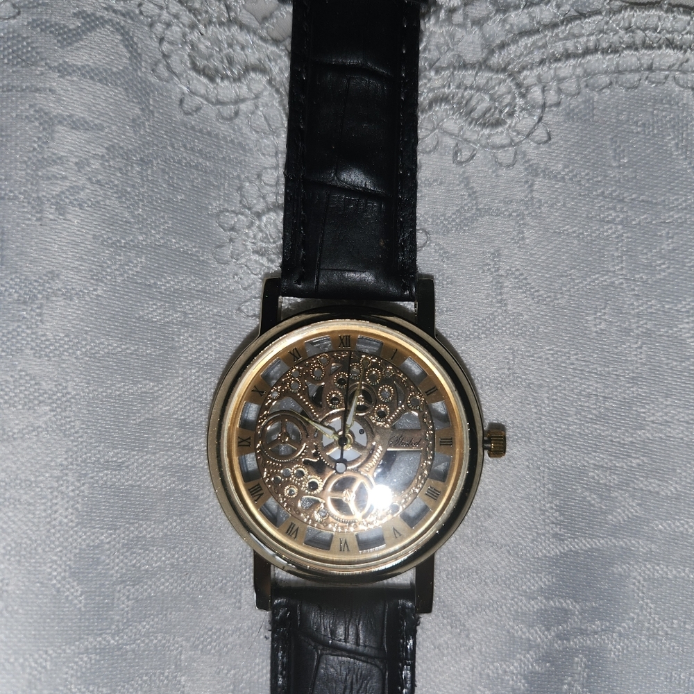 Women's Chaxigo Fancy Watch with See through back, Gold w/Black Leather Band